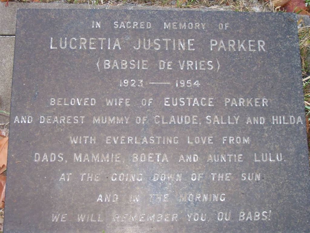PARKER Lucretia Justine nee DE VRIES 1923-1954