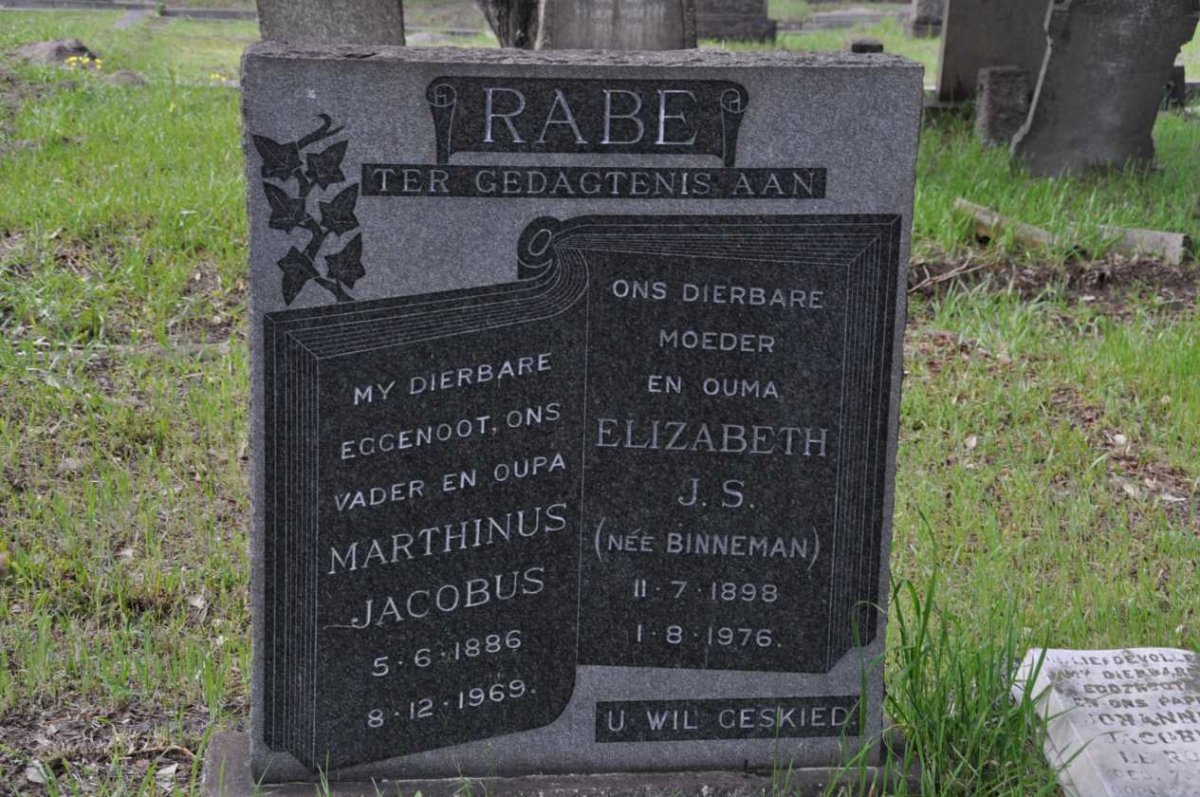 RABE Marthinus Jacobus 1886-1969 &amp; Elizabeth J.S. BINNEMAN 1898-1976