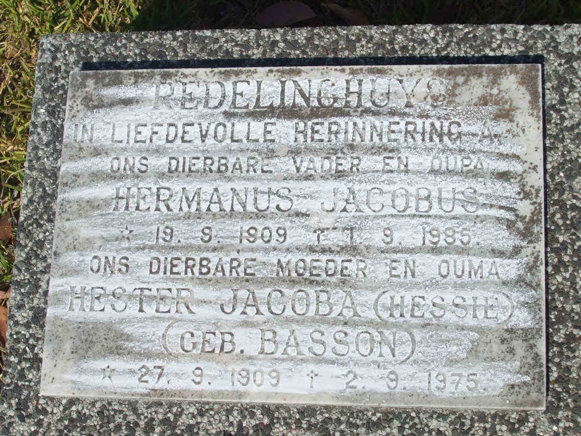 REDELINGHUYS Hermanus Jacobus 1909-1985 &amp; Hester Jacoba BASSON 1909-1975