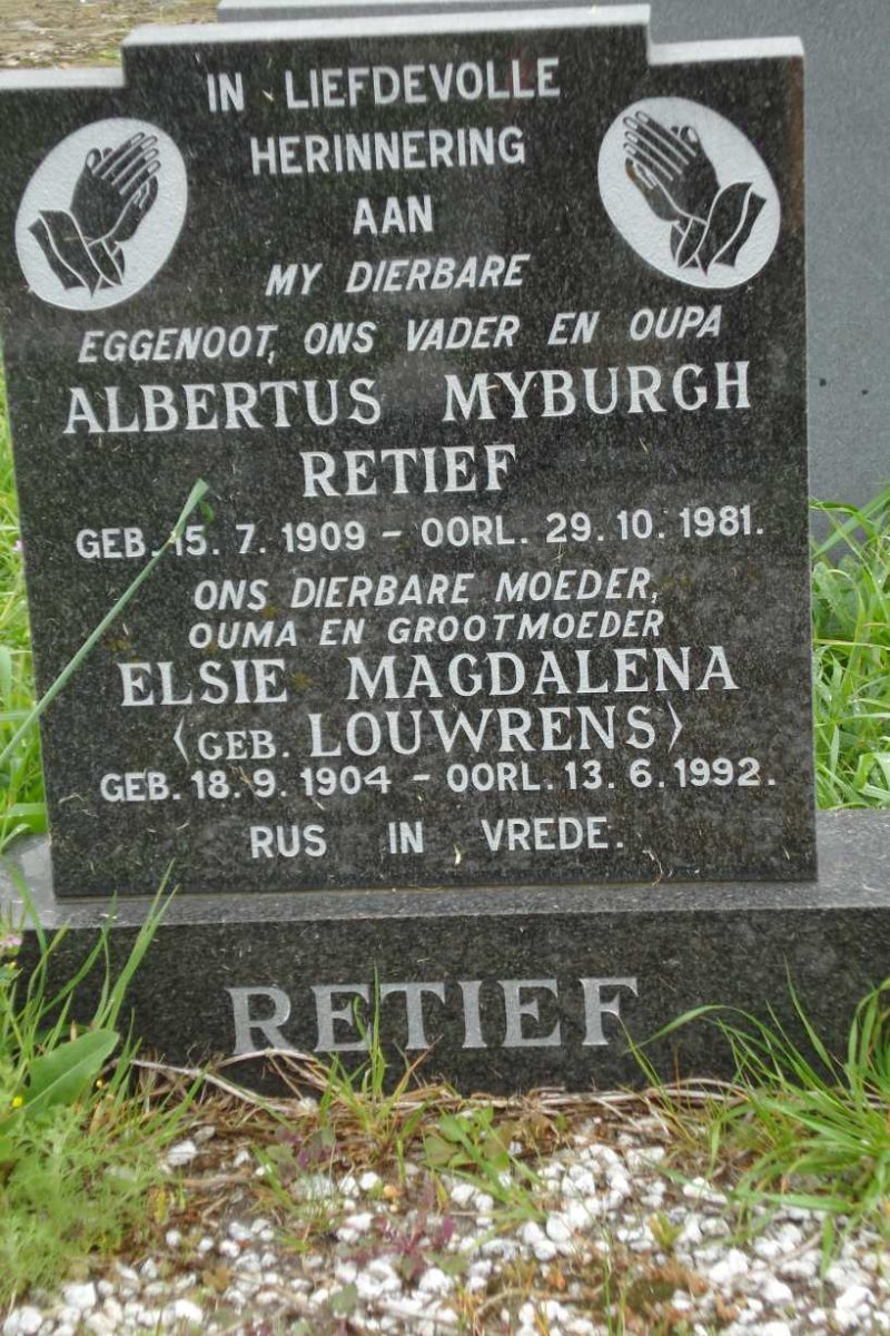 RETIEF Albertus Myburgh 1909-1981 &amp; Elsie Magdalena LOUWRENS 1904-1992