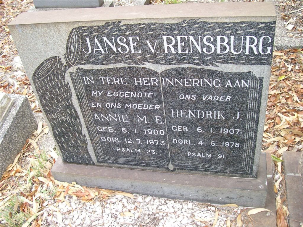 RENSBURG Hendrik J., Janse v. 1907-1978 &amp; Annie M.E. 1900-1973