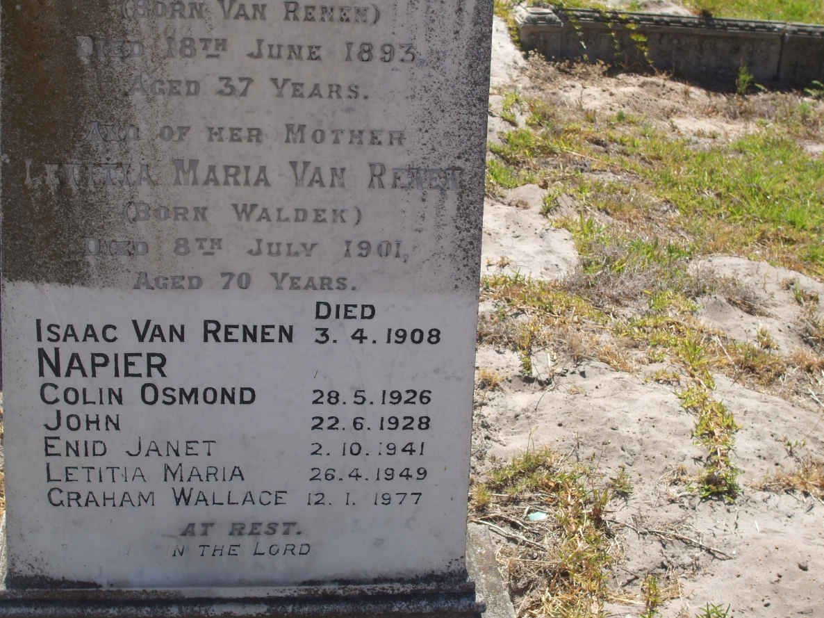 RENEN Isaac, Van -1908 :: NAPIER Colin Osmond -1926 :: NAPIER John -1928 :: NAPIER Enid Janet -1941