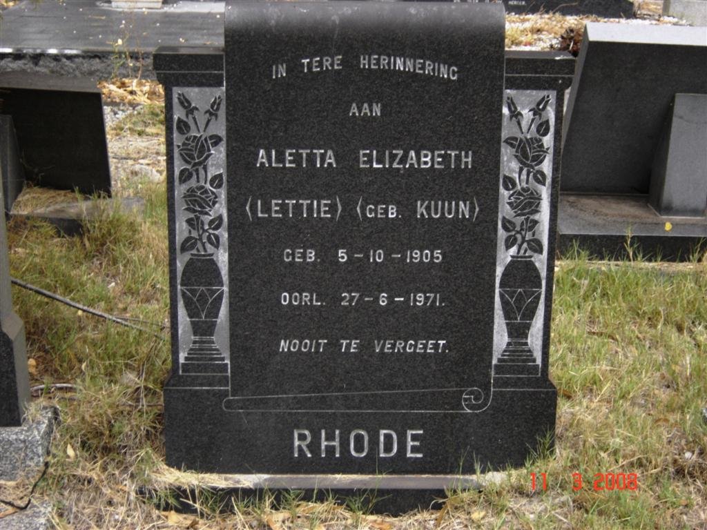 RHODE Aletta Elizabeth nee KUUN 1905-1971