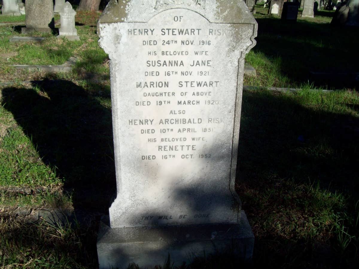 RISK Henry Stewart -1916 &amp; Susanna Jane -1921 ::  RISK Marion Stewart -1920 :: RISK Henry Archibald -1951 &amp; Renette -195