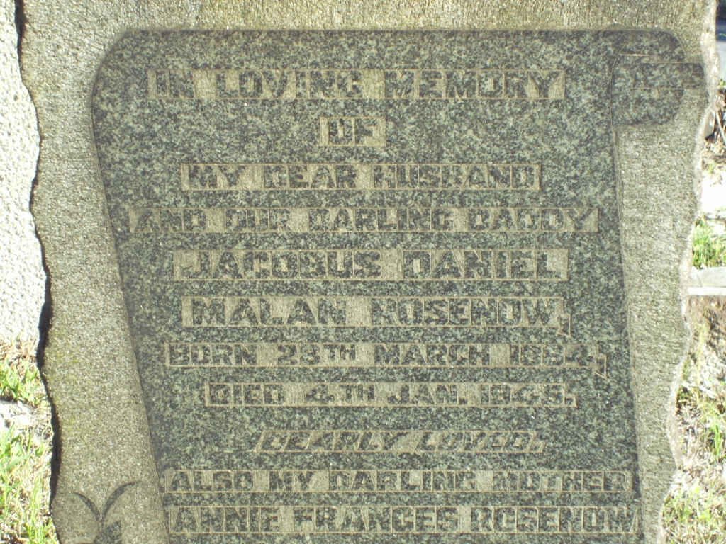 ROSENOW Jacobus Daniel Malan 1864-1945 &amp; Anne Frances