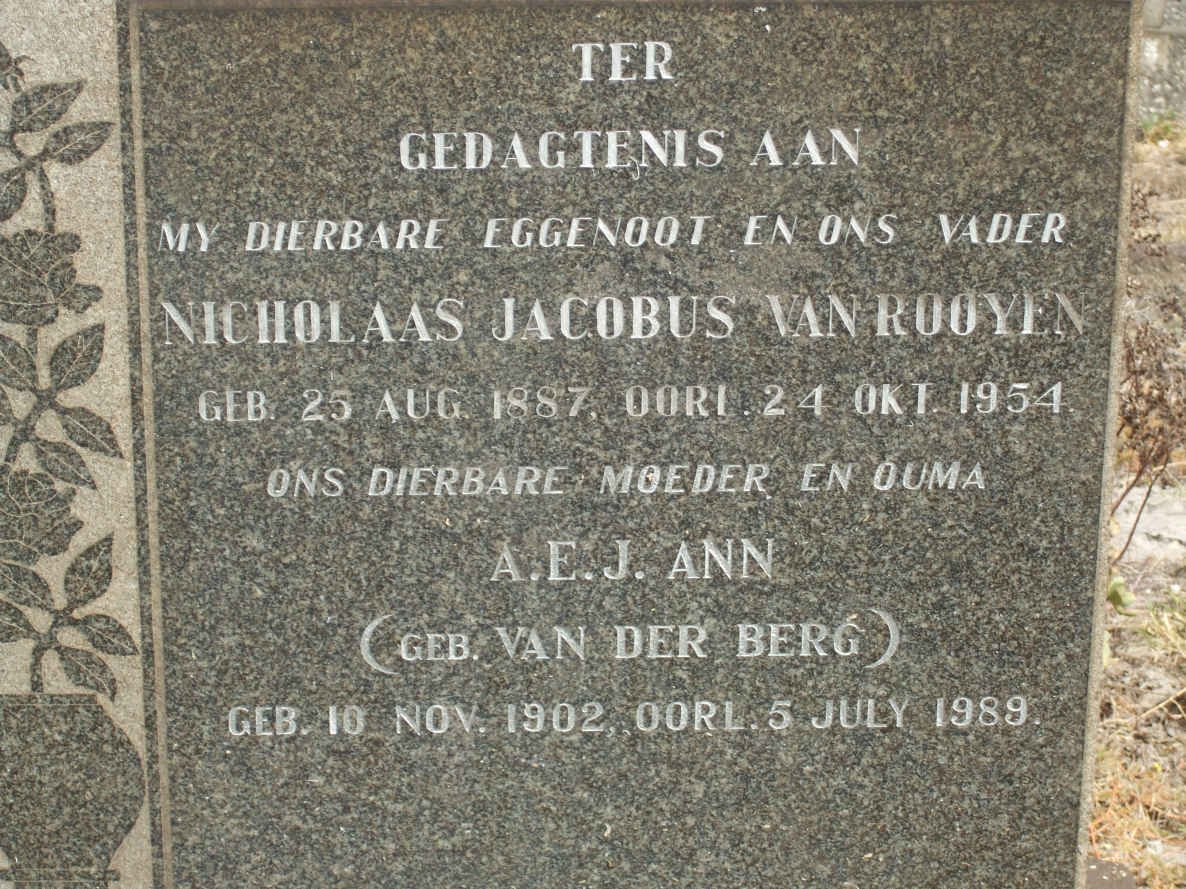 ROOYEN Nicholaas Jacobus, van 1887-1954 &amp; A.E.J. VAN DER BERG 1902-1989