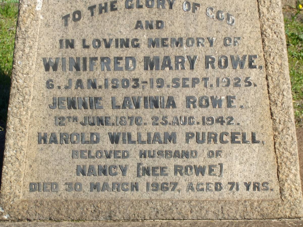 ROWE Winifred Mary -1903-1925 :: ROWE Jennie Lavinia 1870-1942 :: PURCELL Harold William -1967