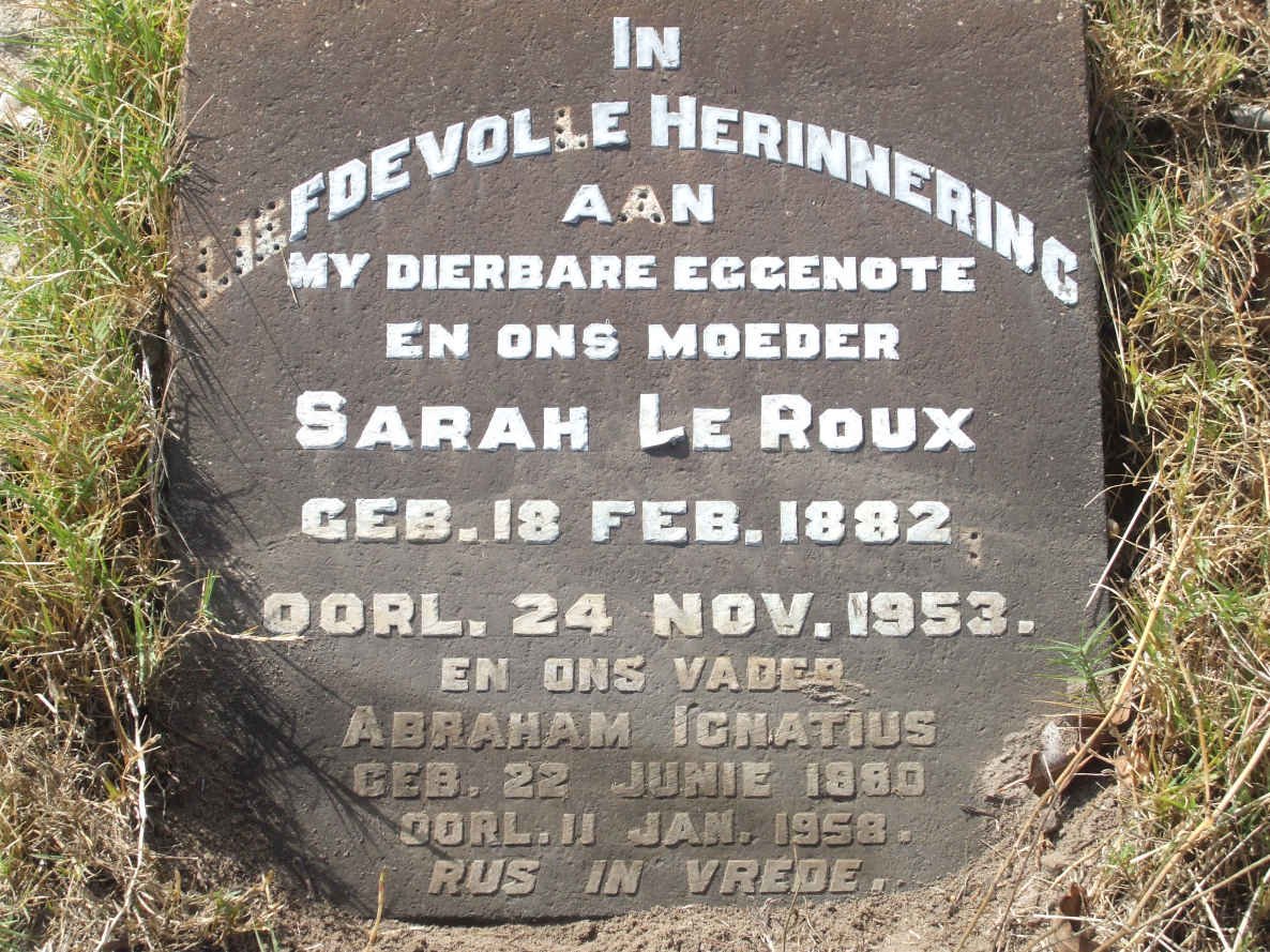 ROUX Abraham Ignatius, le 1880-1958 &amp; Sarah 1882-1953
