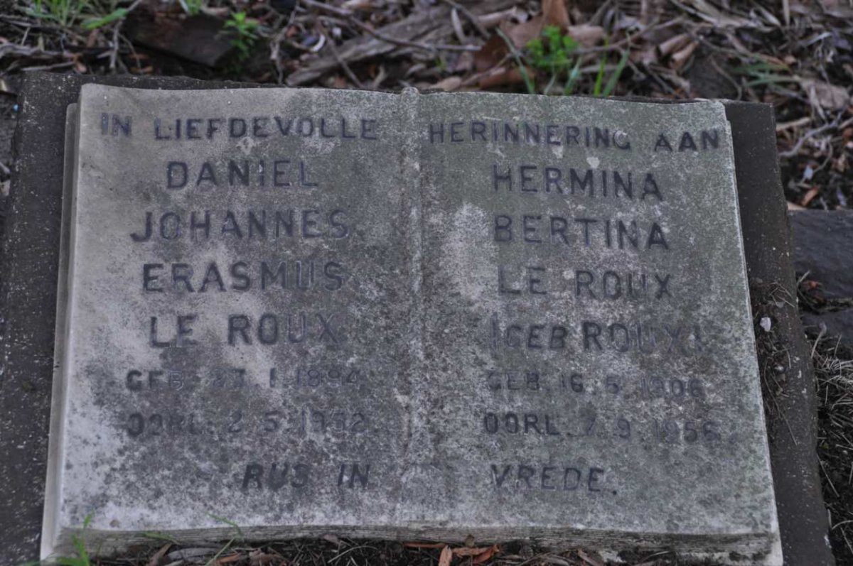 ROUX Daniel Johannes Erasmus, le 1894-1952 &amp; Hermina Bertina ROUX 1906-1956