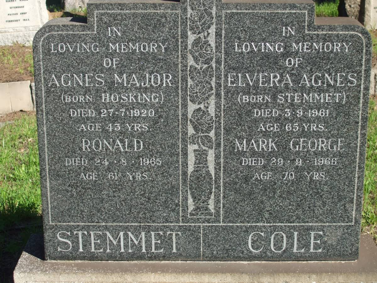STEMMET Ronald -1965 :: STEMMET Agnes Major nee HOSKING -1920 :: COLE Mark George -1966 &amp; Elvera Agnes STEMMET -1961