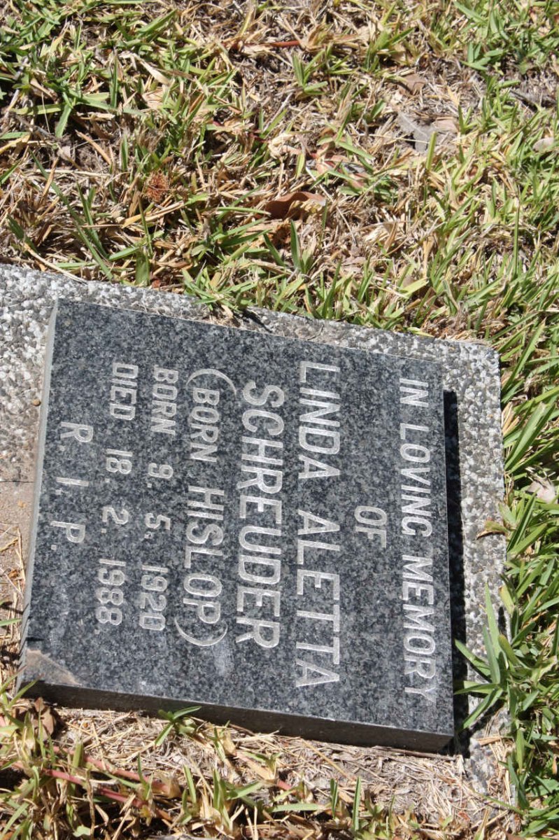SCHREUDER Linda Aletta nee HISLOP 1920-1988