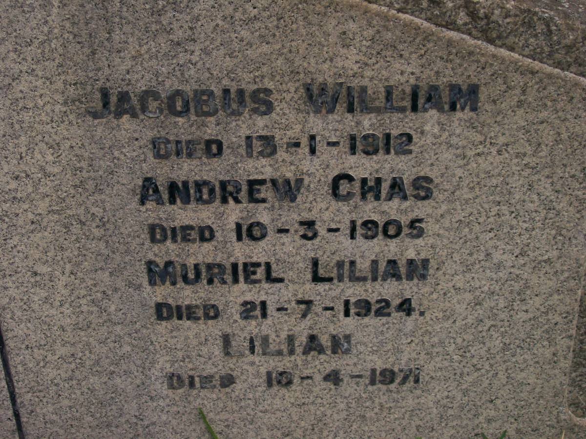 SMITH Jacobus William -1912 :: SMITH Andrew Chas -1905 :: SMITH Muriel Lilian -1924 :: SMITH Lilian -1971