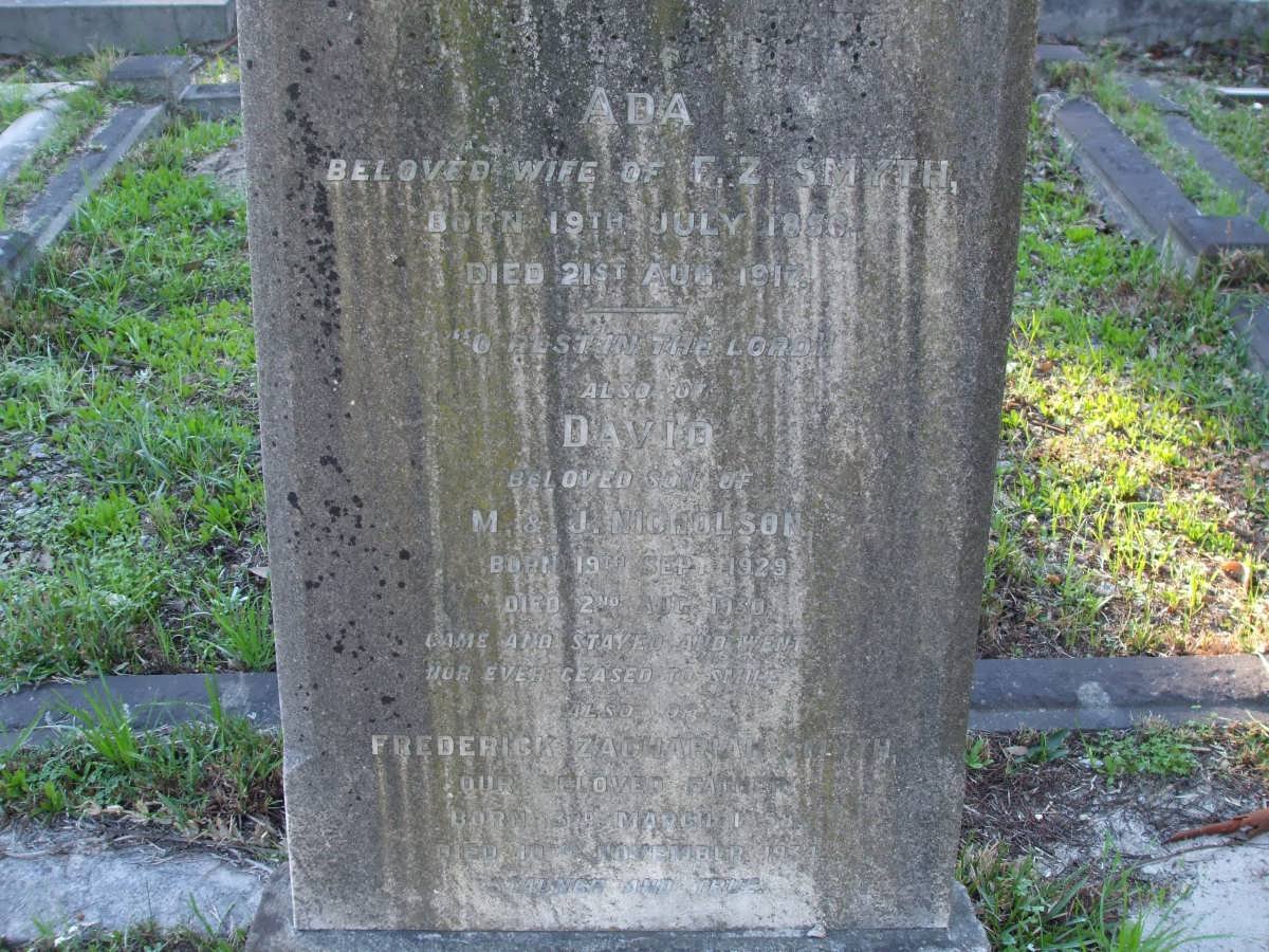 SMYTH Frederick Zachariah 1858-1934 &amp; Ada 1856-1917 :: NICHOLSON David 1928-1930