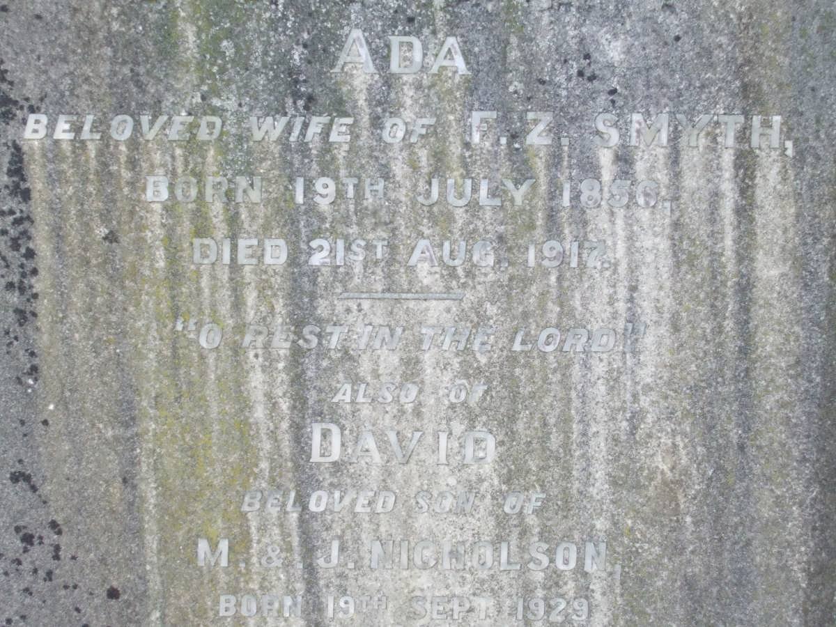 SMYTH Frederick Zachariah 1858-1934 &amp; Ada 1856-1917 :: NICHOLSON David 1928-1930