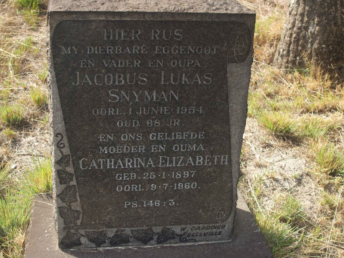 SNYMAN Jacobus Lukas −1954 &amp; Catharina Elizabeth 1897-1960