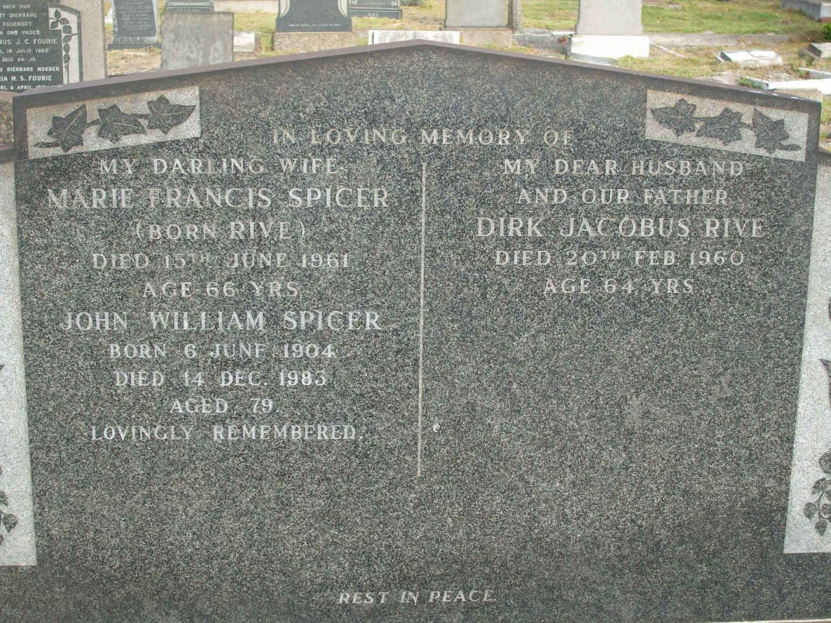 SPICER John William 1904-1983 &amp; Marie Francis RIVE -1961 :: RIVE Dirk Jacobus -1960