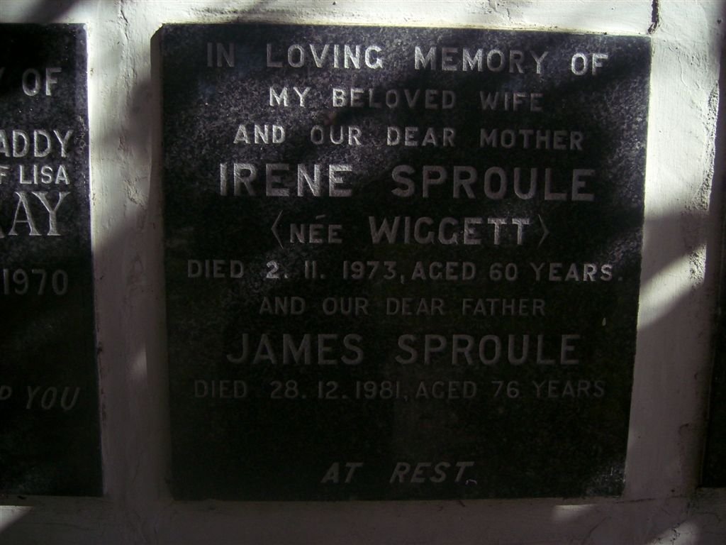 SPROULE James -1981 &amp; Irene WIGGETT -1973