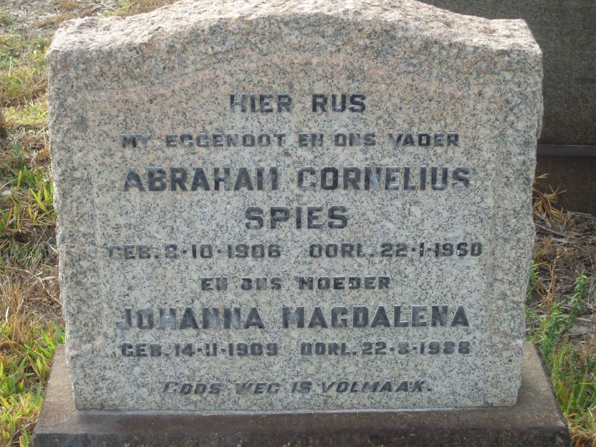 SPIES Abraham Cornelius 1906-1960 &amp; Johanna Magdalena 1909-1988