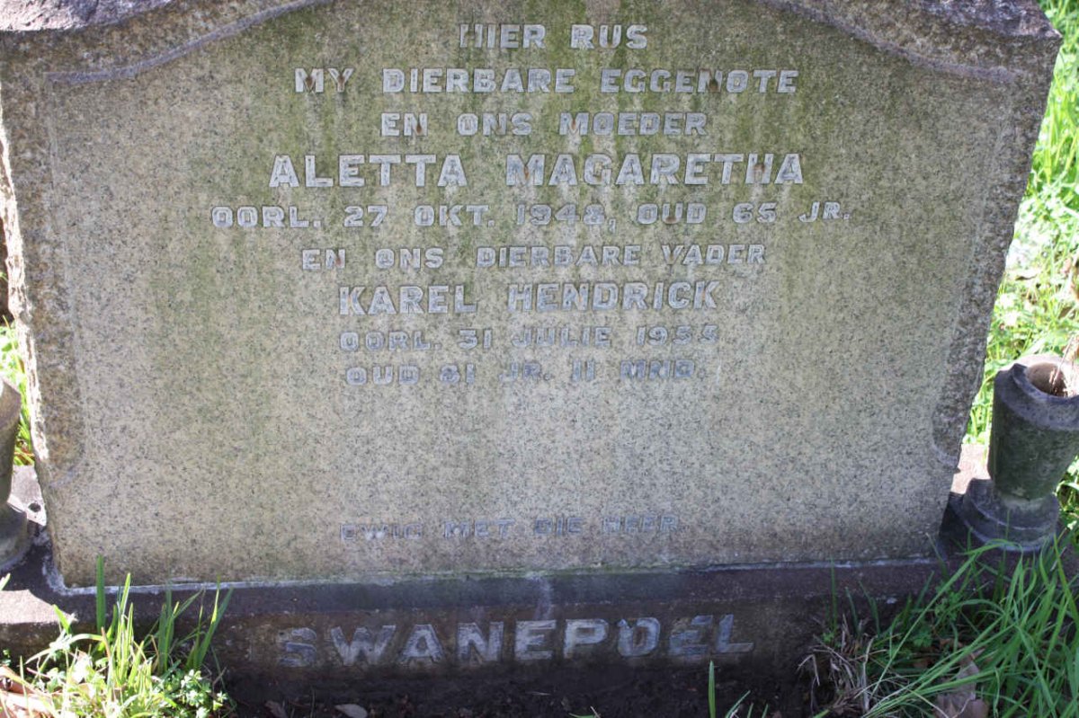 SWANEPOEL Karel Hendrick -1955 &amp; Aletta Margaretha -1948