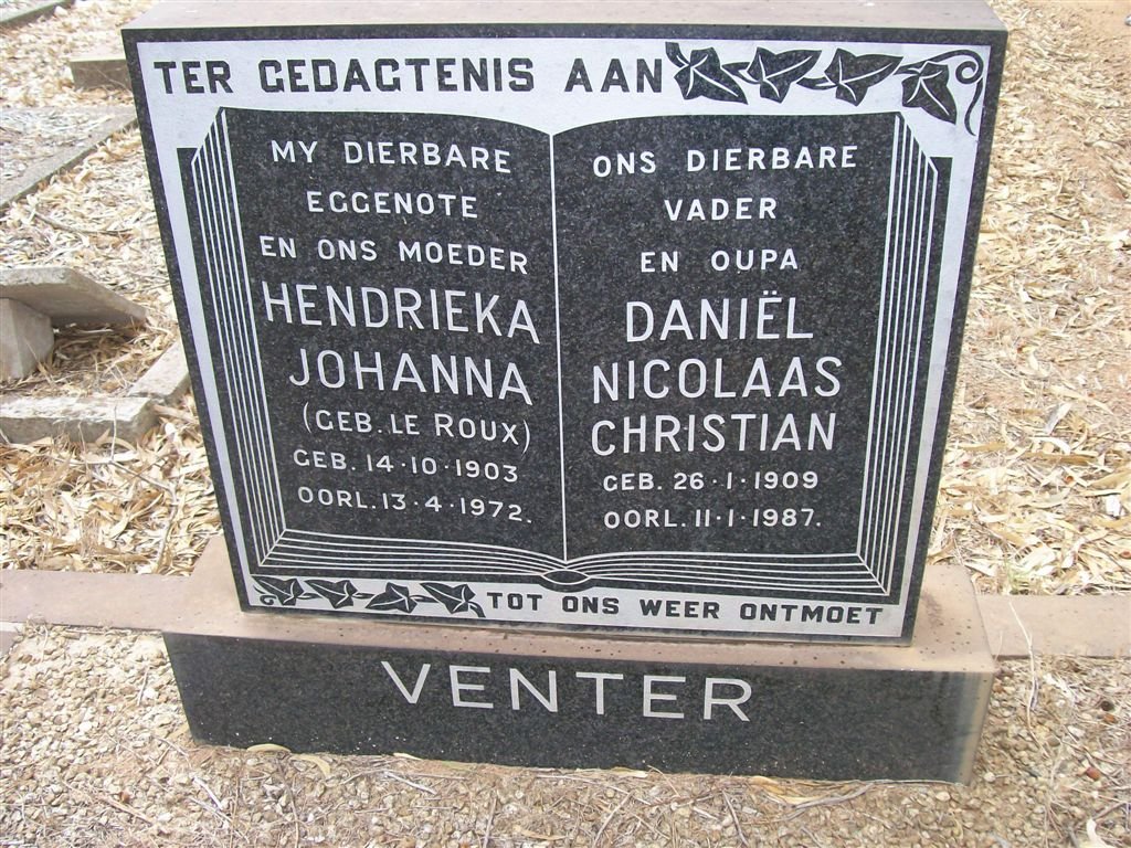 VENTER Daniel Nicolaas Christian 1909-1987 &amp; Hendrieka Johanna LE ROUX 1903-1972