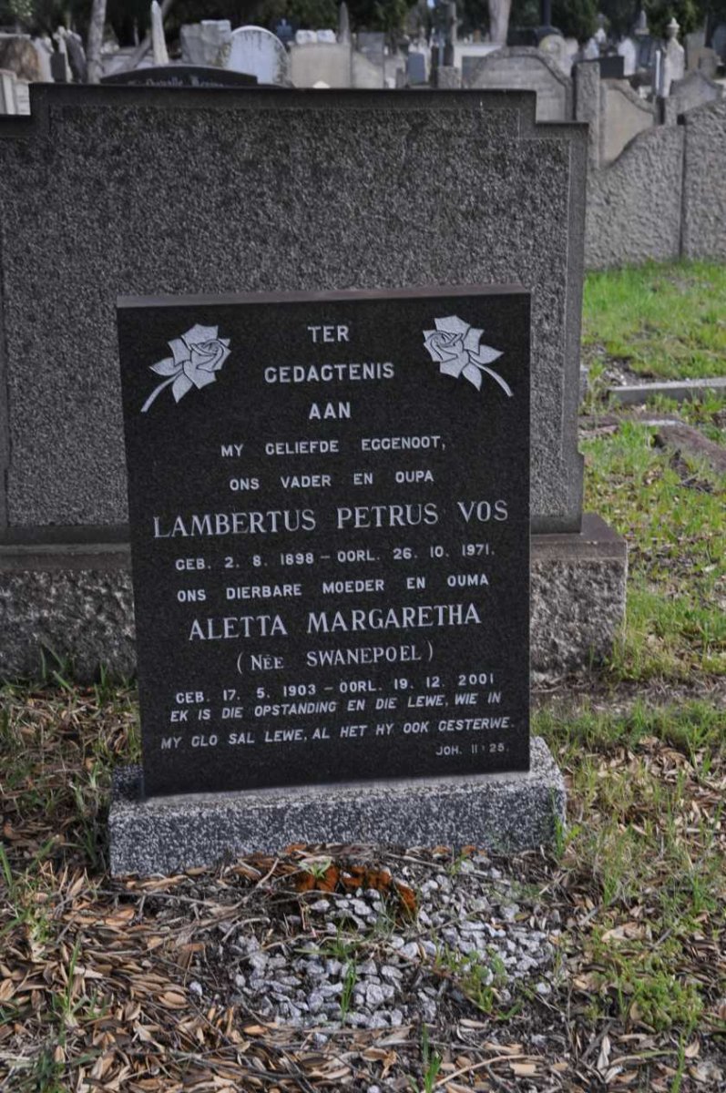 VOS Lambertus Petrus 1898-1971 &amp; Aletta Margaretha SWANEPOEL 1903-2001