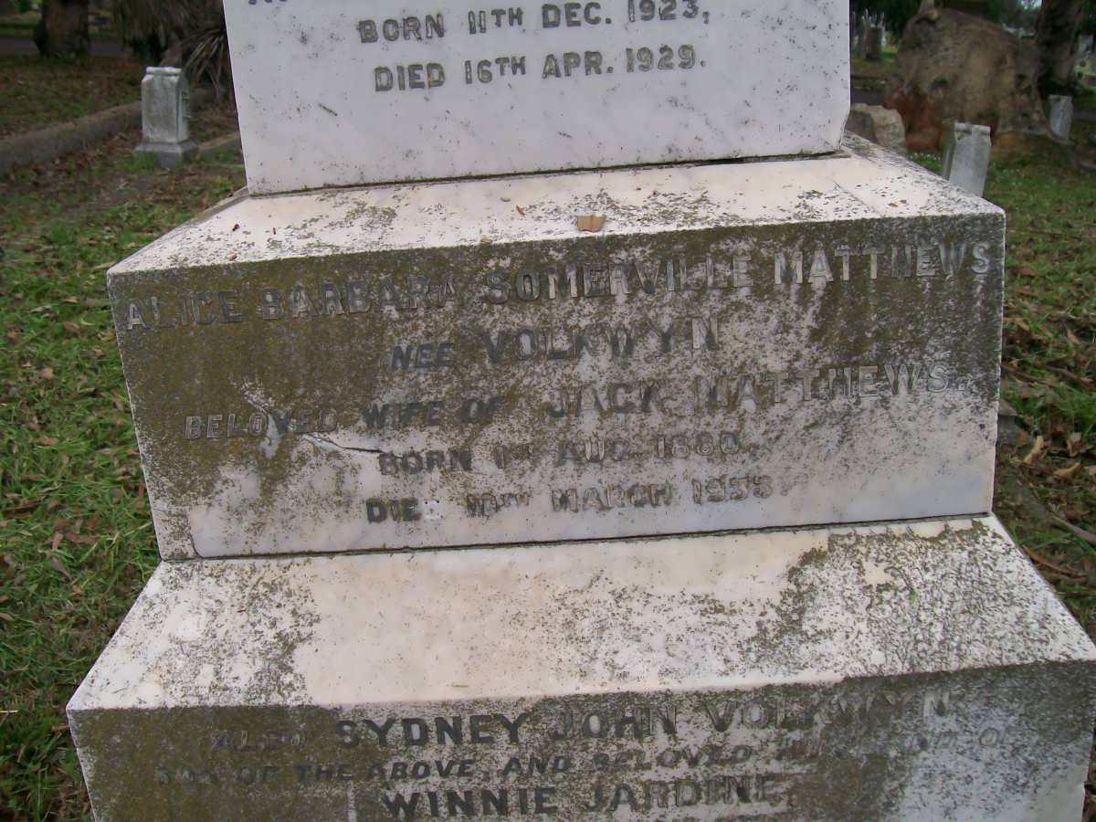MATTHEWS Alice Barbara Somerville nee VOLKWYN 1888-1953