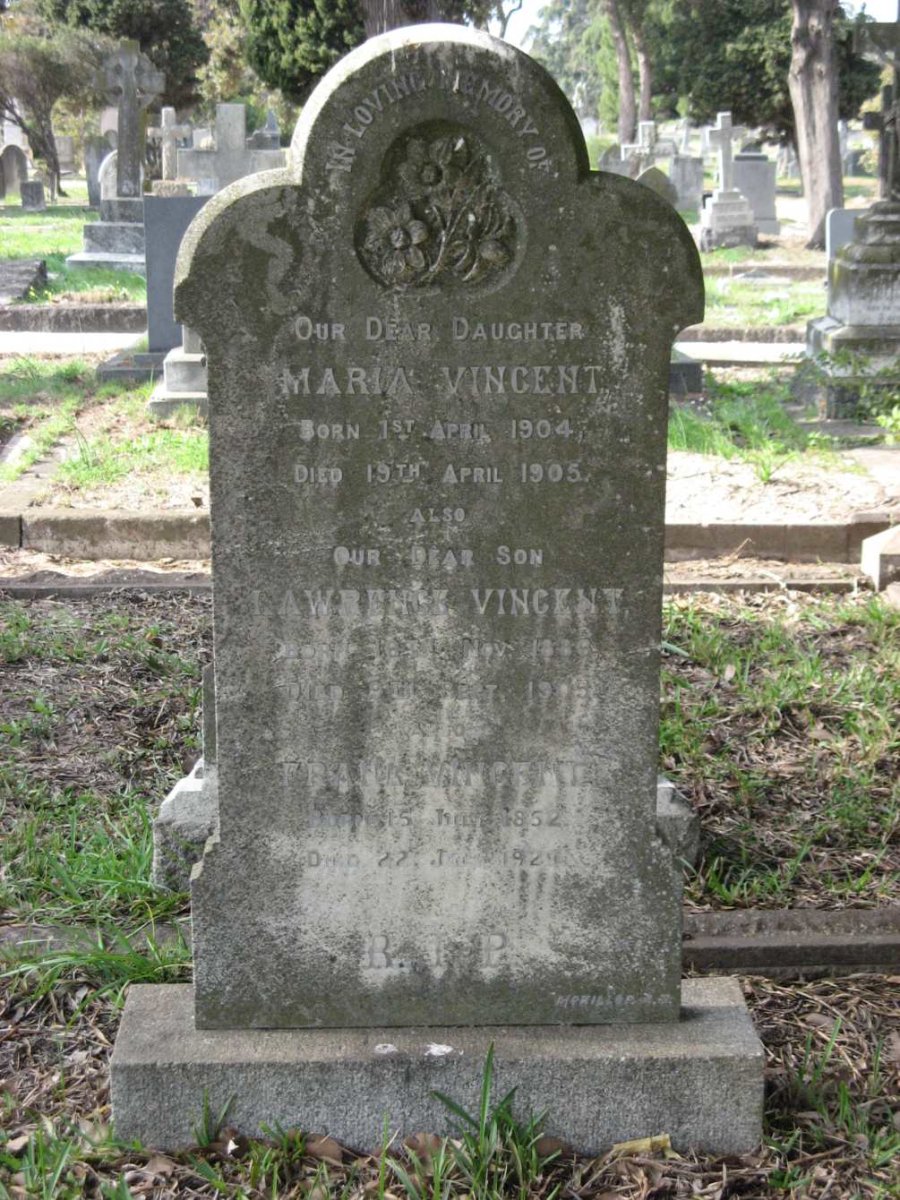 VINCENT Frank 1852-192? :: VINCENT Maria 1904-1905 :: VINCENT Lawrence 188?-1905