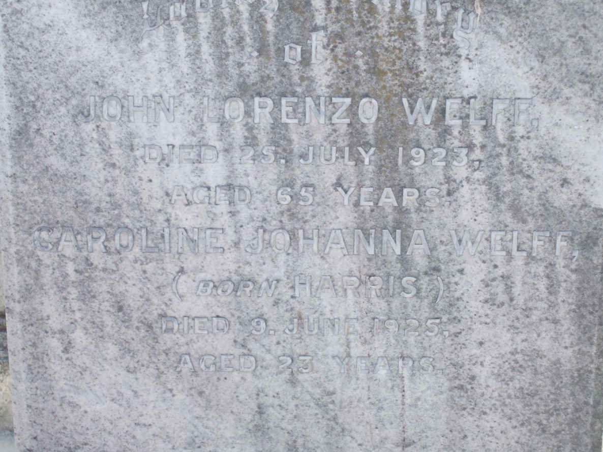 WELFF John Lorenzo -1923 :: WELFF Caroline Johanna HARRIS -1925