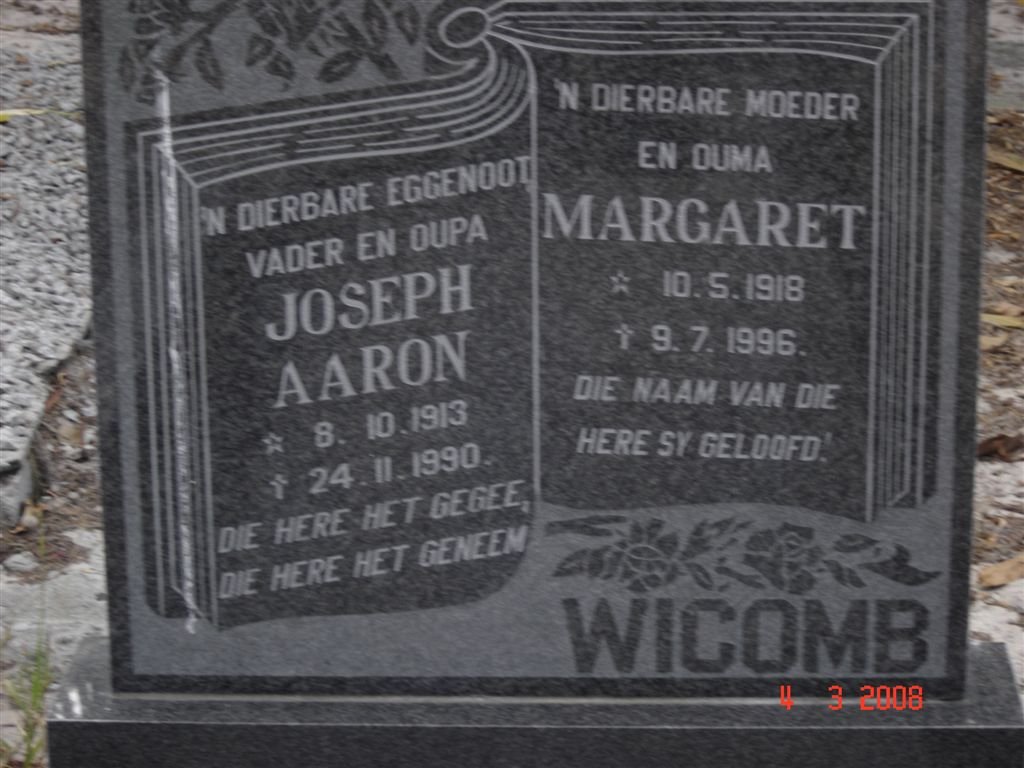 WICOMB Joseph Aaron 1913-1990 &amp; Margaret 1918-1996