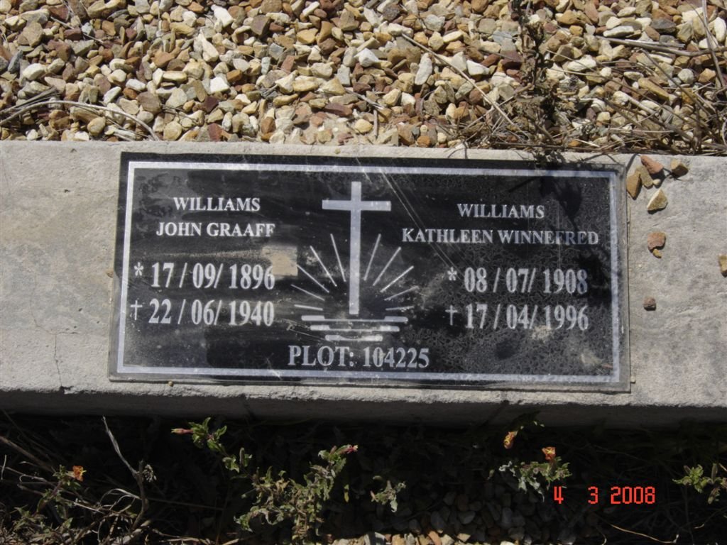 WILLIAMS John Graaff 1896-1940 &amp; Kathleen Winnefred 1908-1996