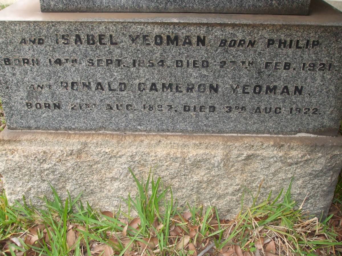 YEOMAN Isabel nee PHILIP 1854-1921 :: YEOMAN Ronald Cameron 1887-1922
