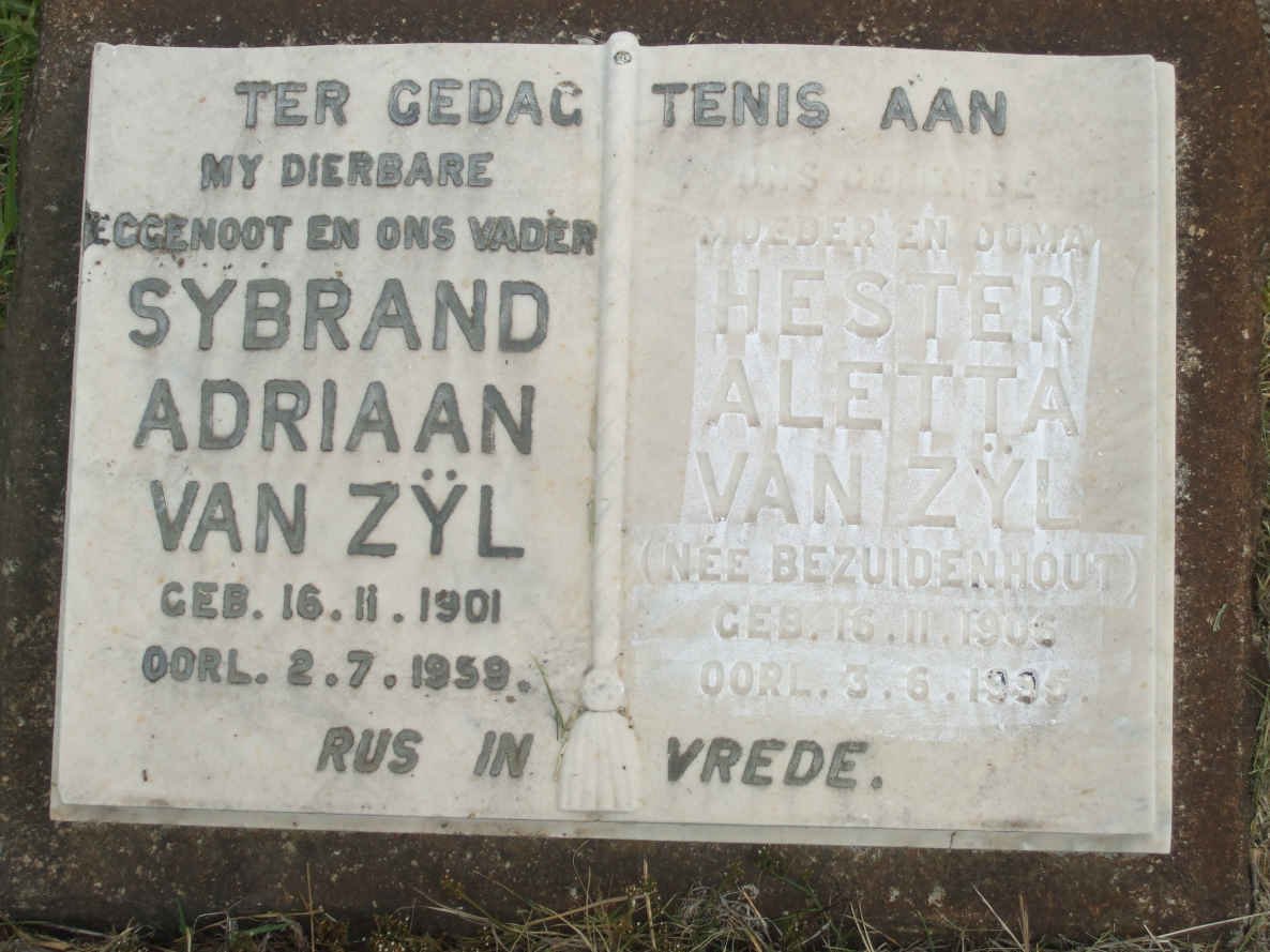 ZYL Sybrand Adriaan, van 1901-1959 &amp; Hester Aletta BEZUIDENHOUT 1905-1995