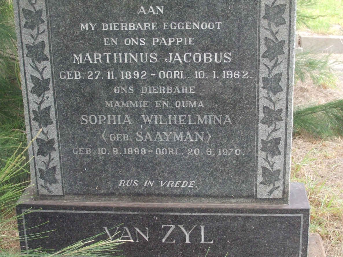 ZYL Marthinus Jacobus, van 1892-1962 &amp; Sophia Wilhelmina SAAYMAN 1898-1970