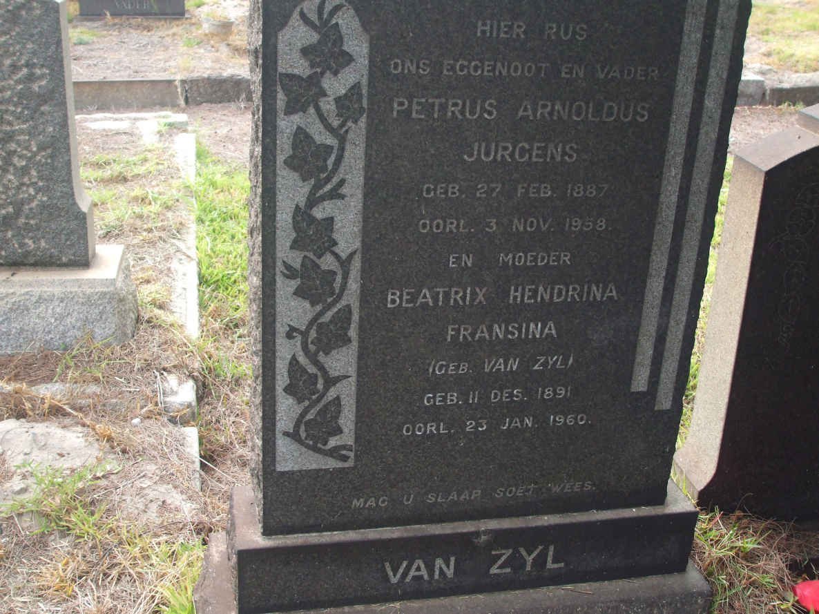 ZYL Petrus Arnoldus Jurgens, van 1887-1958 &amp; Beatrix Hendrina Fransina VAN ZYL 1891-1960
