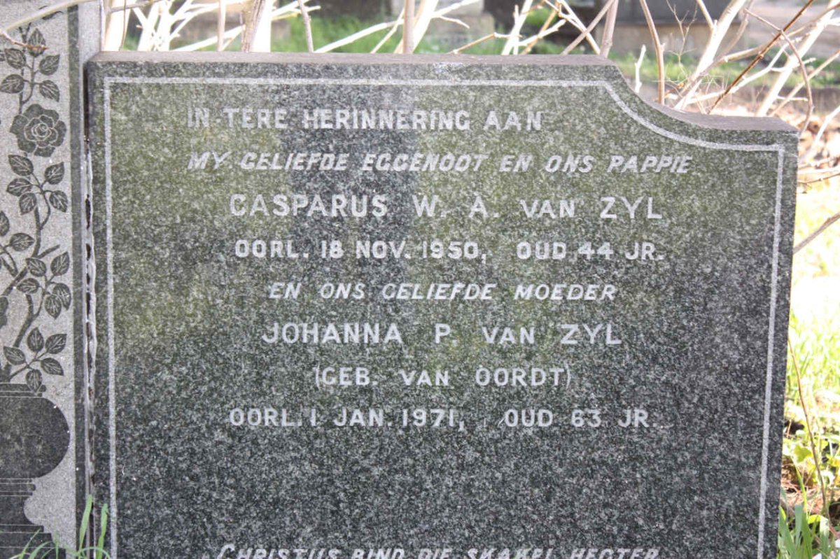 ZYL Casparus W.A., van -1950 &amp; Johanna P. VAN OORDT -1971