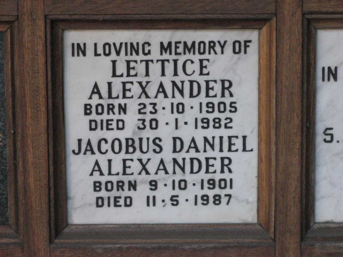 ALEXANDER Jacobus Daniel 1901-1987 &amp; Lettice 1905-1982