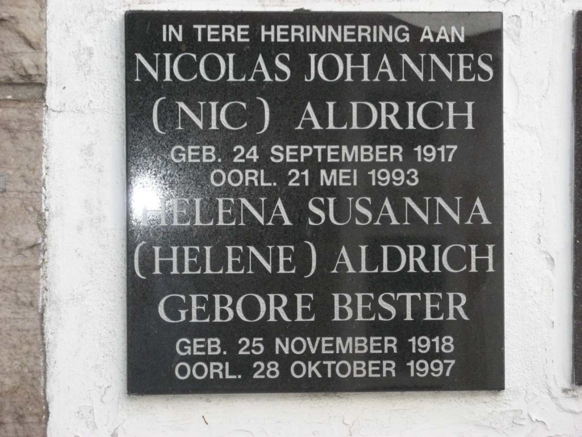 ALDRICH Nicolas Johannes 1917-1993 &amp; Helene Susanna BESTER 1918-1997