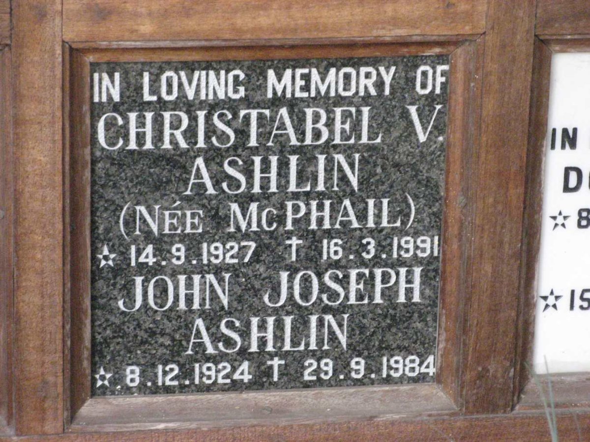 ASHLIN John Joseph 1924-1984 &amp; Cristabel V. McPHAIL 1927-1991