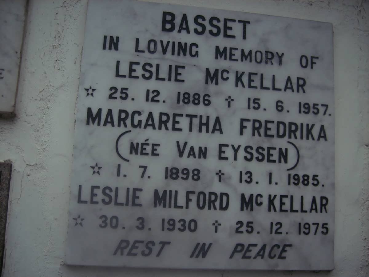 BASSET Leslie McKellar 1886-1957 :: EYSSEN Margaret Fredrika, van 1898-1985 :: McKELLAR Leslie Milford 1930-1975