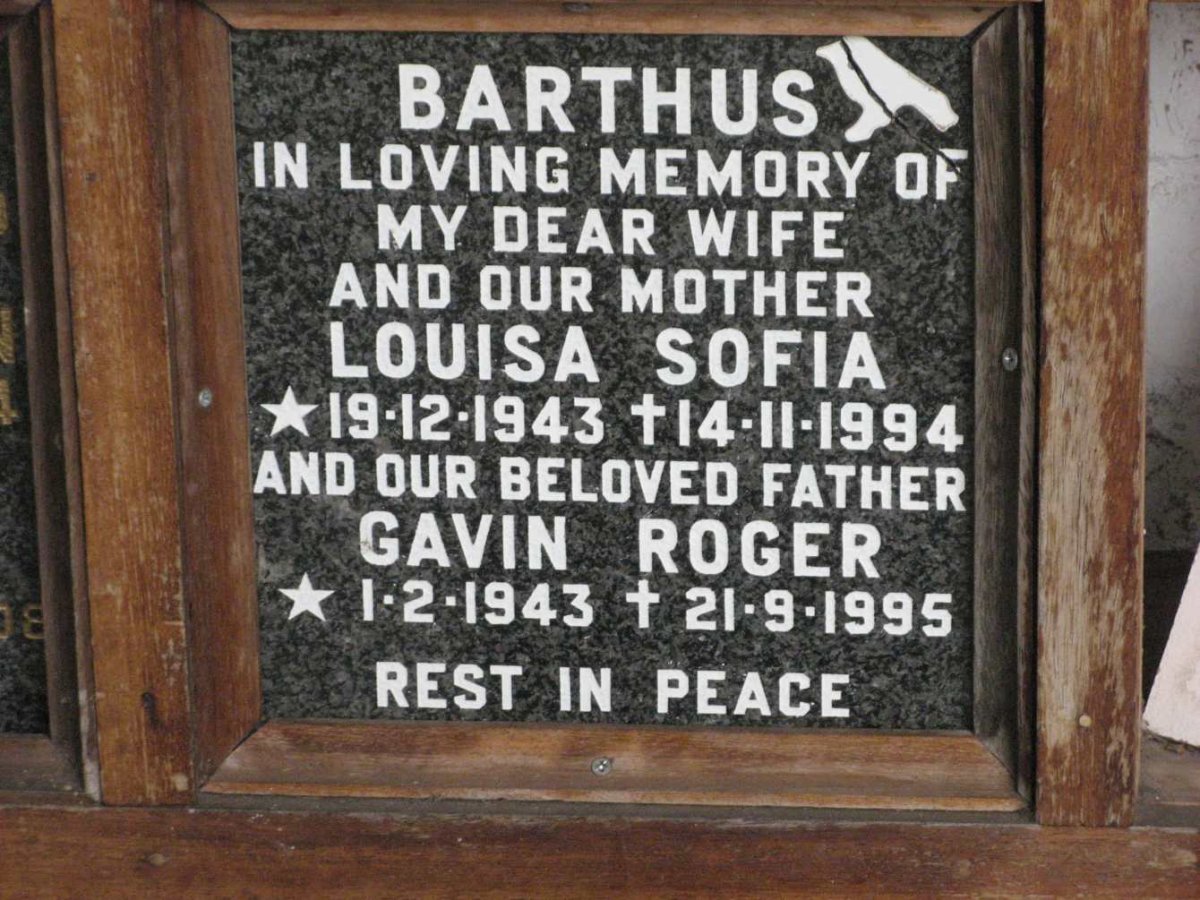 BARTHUS Gavin Roger 1943-1995 &amp; Louisa Sofia 1943-1994