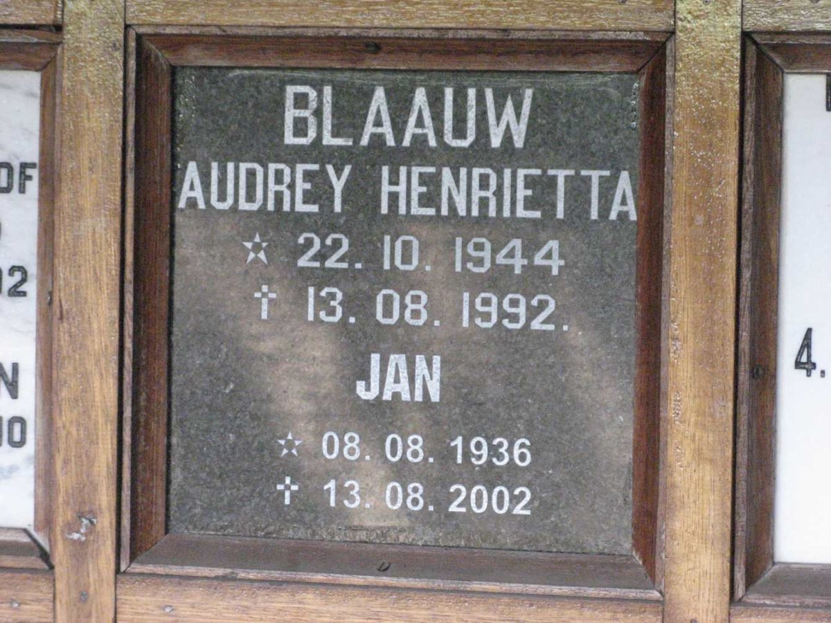 BLAAUW Jan 1936-2002 &amp; Audrey Henrietta 1944-1992