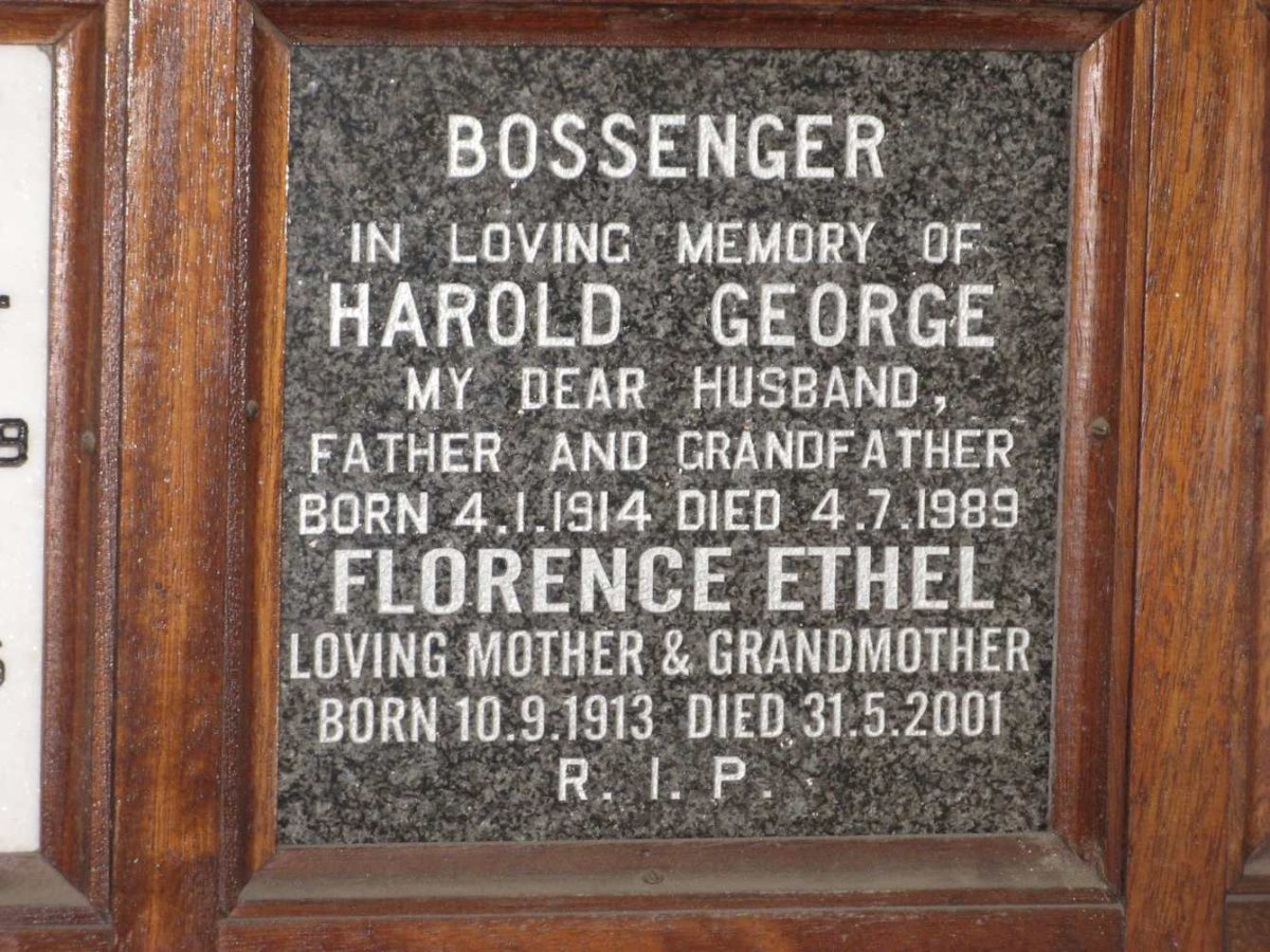 BOSSENGER Harold George 1914-1989 &amp; Florence Ethel 1913-2001