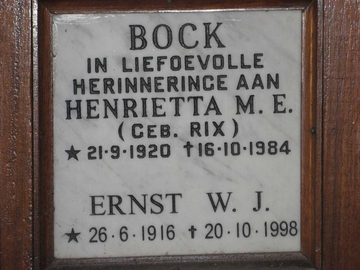 BOCK Ernst W.J. 1916-1998 &amp; Henrietta M.E. RIX 1920-1984