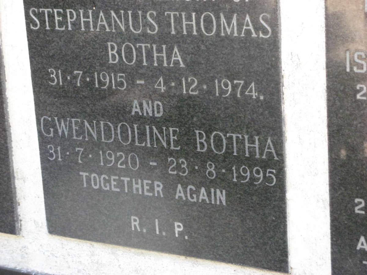 BOTHA Stephanus Thomas 1915-1974 &amp; Gwendoline 1920-1995