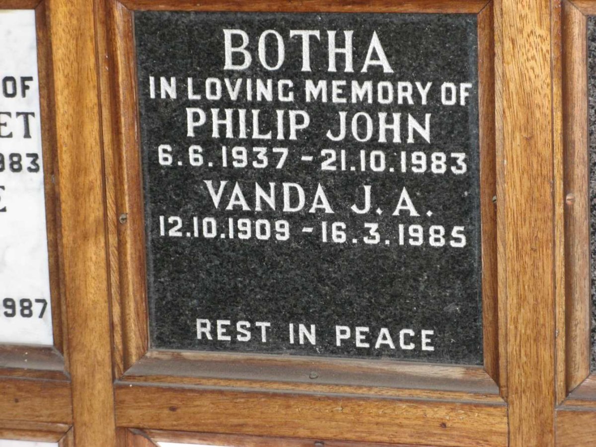 BOTHA Vanda J.A. 1909-1985 :: BOTHA Philip John 1937-1983