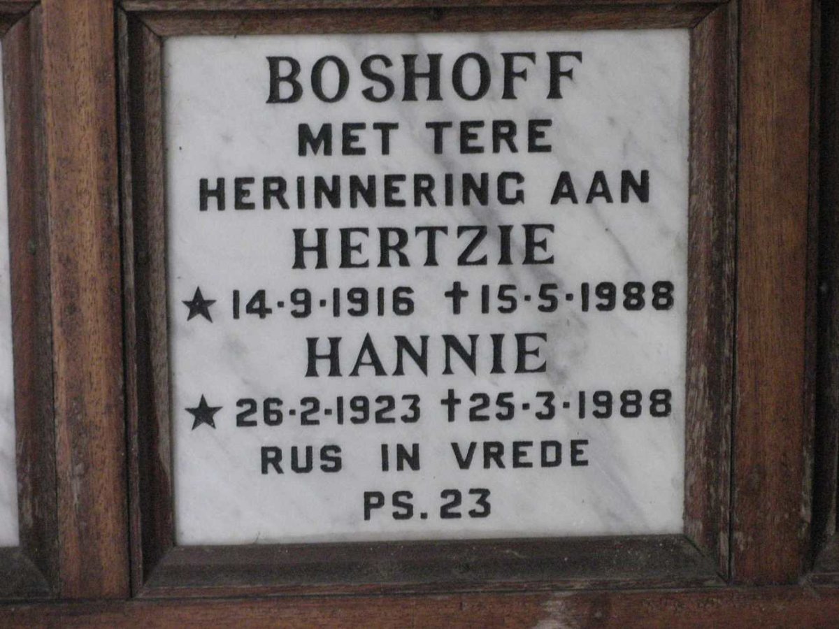 BOSHOFF Hertzie 1916-1988 &amp; Hannie 1923-1988