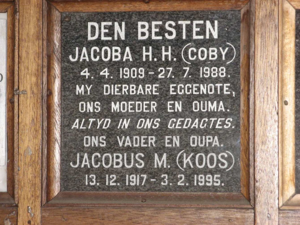 BESTEN Jacobus M., den 1917-1995 &amp; Jacoba H.H. 1909-1988