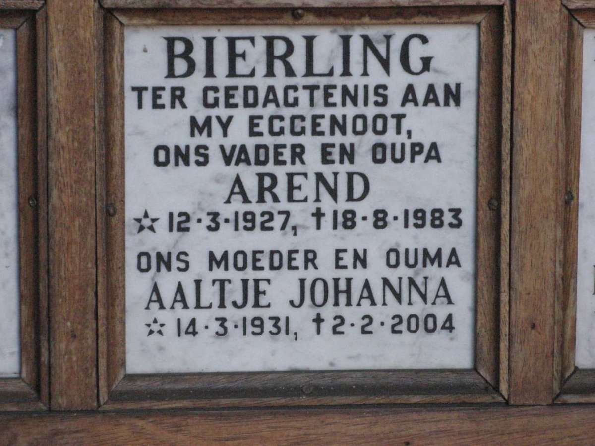 BIERLING Arend 1927-1983 &amp; Aaltje Johanna 1931-2004
