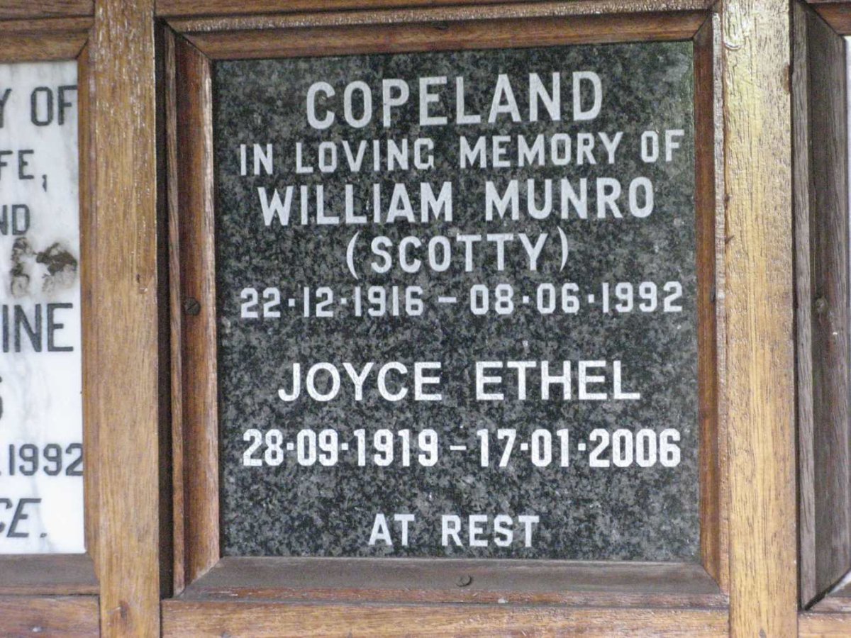 COPELAND William Munro 1916-1992 &amp; Joyce Ethel 1919-2006