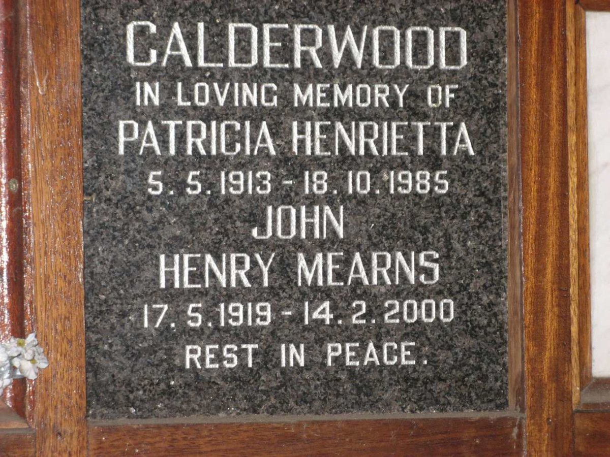 CALDERWOOD John Henry Mearns 1919-2000 &amp; Patricia Henrietta 1913-1985